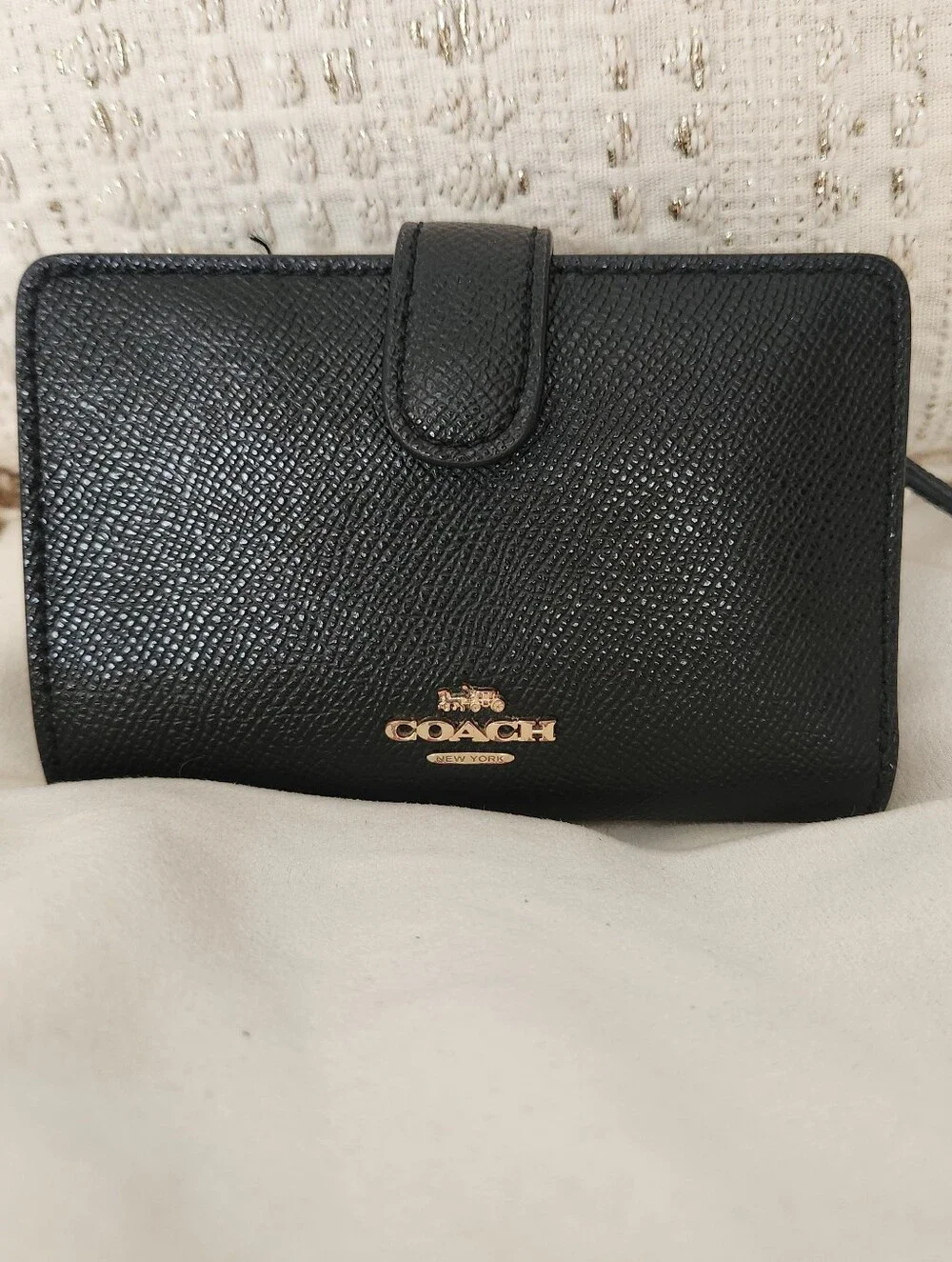 Coach Black Leather Snap Wallet with Gold Logo